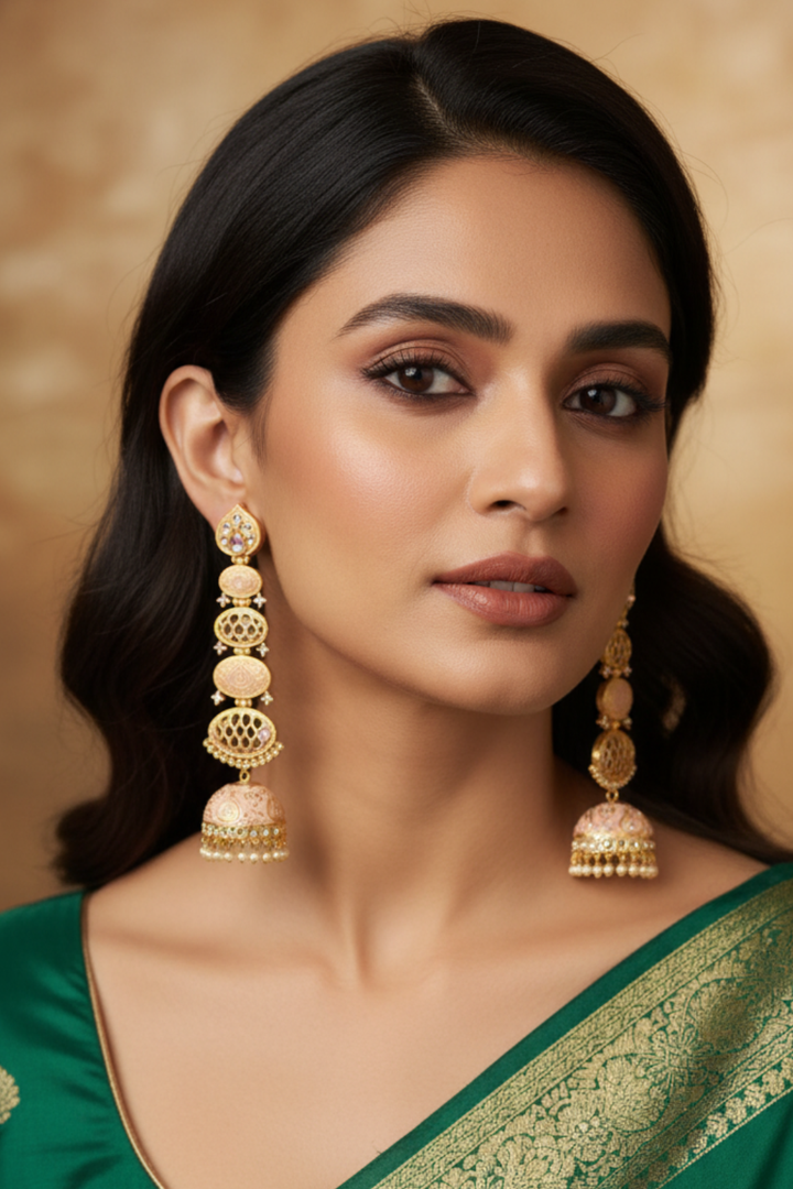 Shayama Pink Temple Long Jhumka Earrings