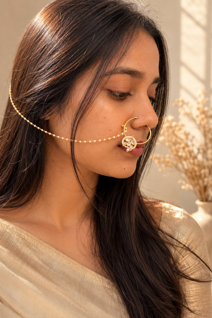 Reshma Bridal Gold Pearl Leaf Kundan Nosering