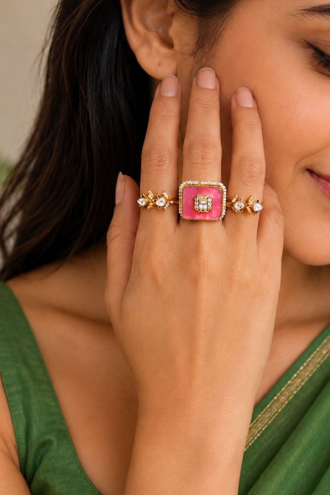 Rajjo Polki Three Finger Band Gold Ring