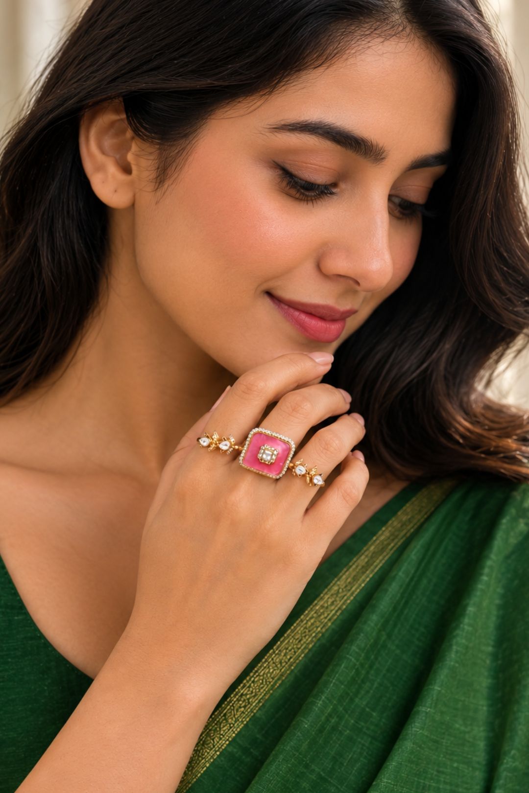 Rajjo Polki Three Finger Band Gold Ring