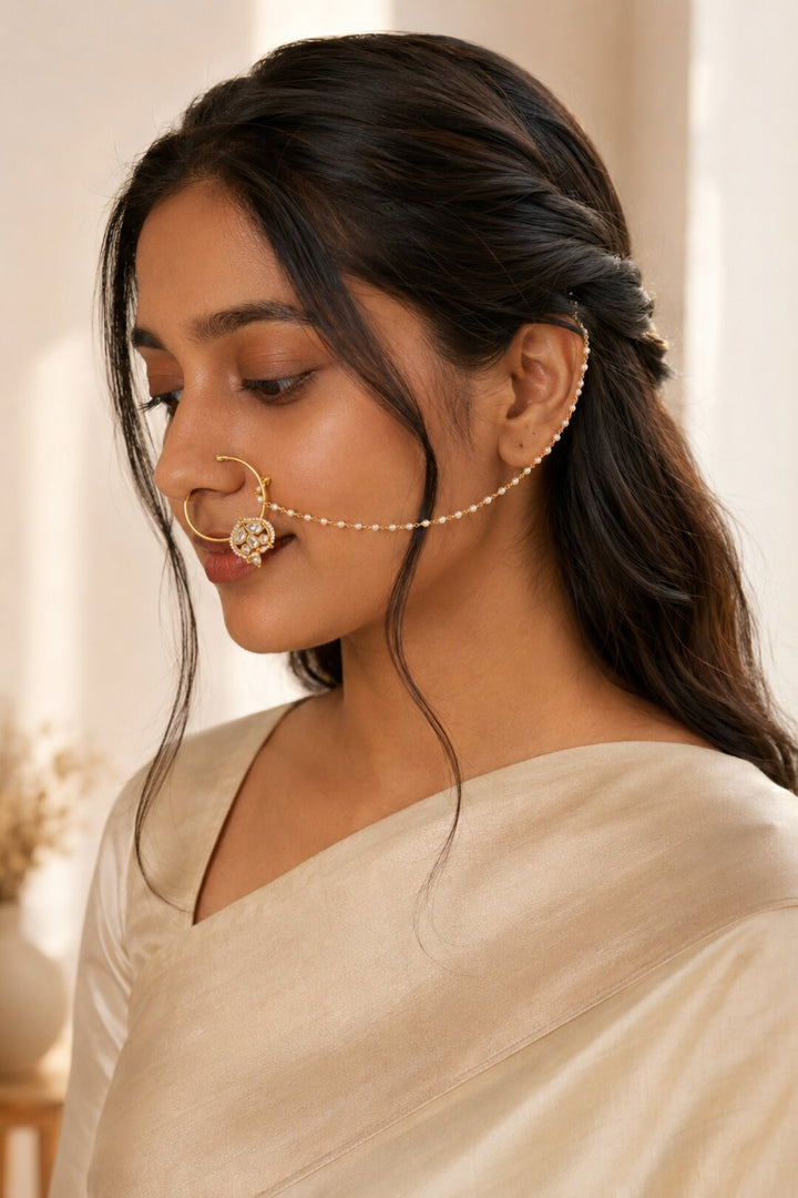Reshma Bridal Gold Pearl Leaf Kundan Nosering