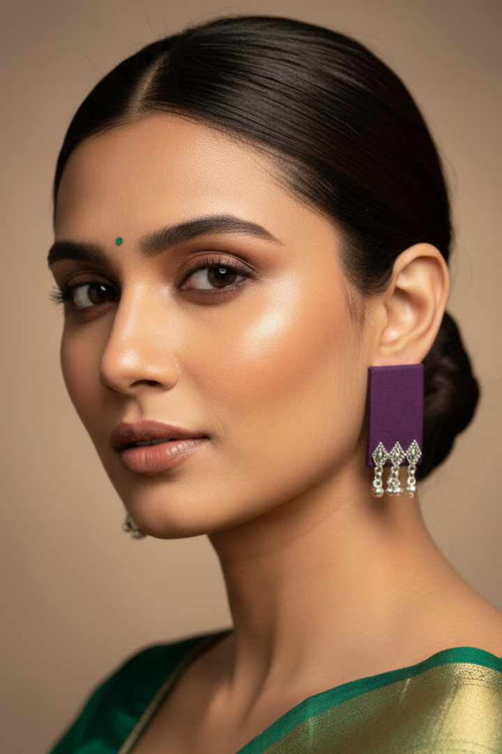 Katyani Purple Tassel Silver Jhumka Earrings