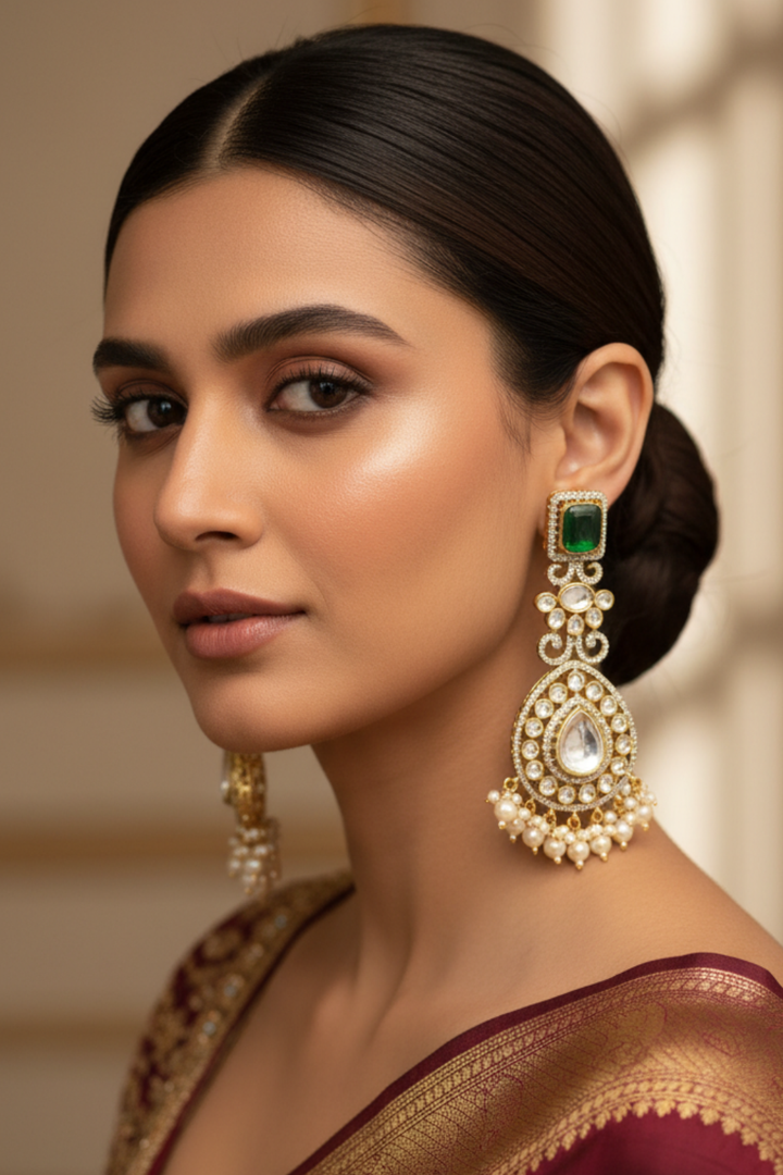 Rama Kundan Pearl Long Dangler Earrings