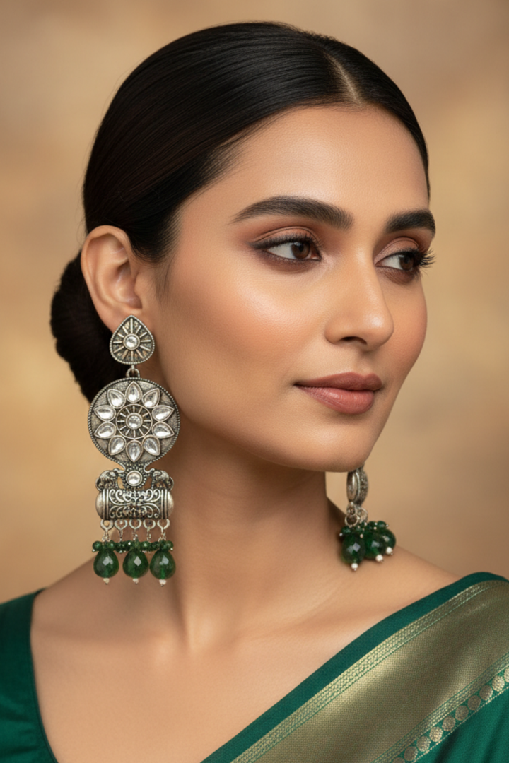 Shaily Gemstone Tassel Silver Jhumka Earrings