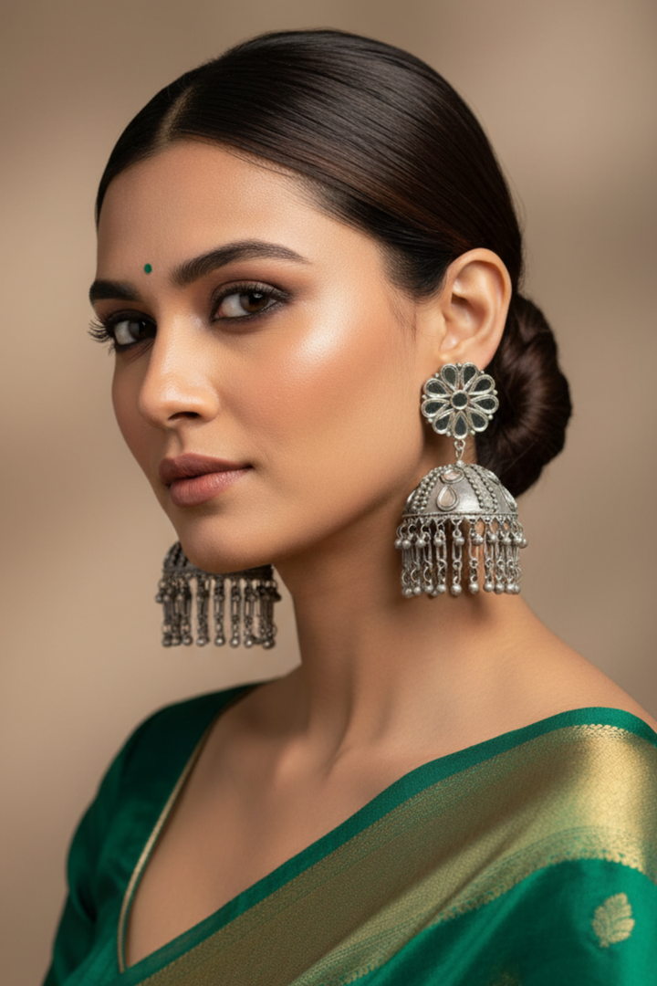 Amba Mirror Silver Jhumka Earrings