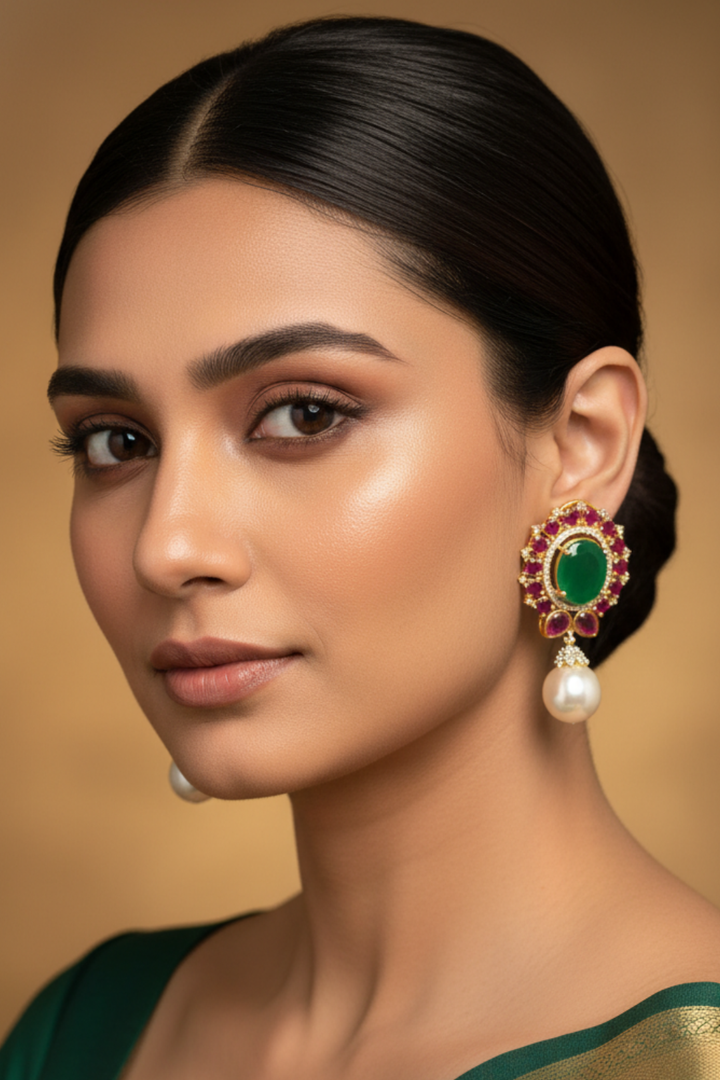 Ratna Oval Emerald Pearl Drop Earrings