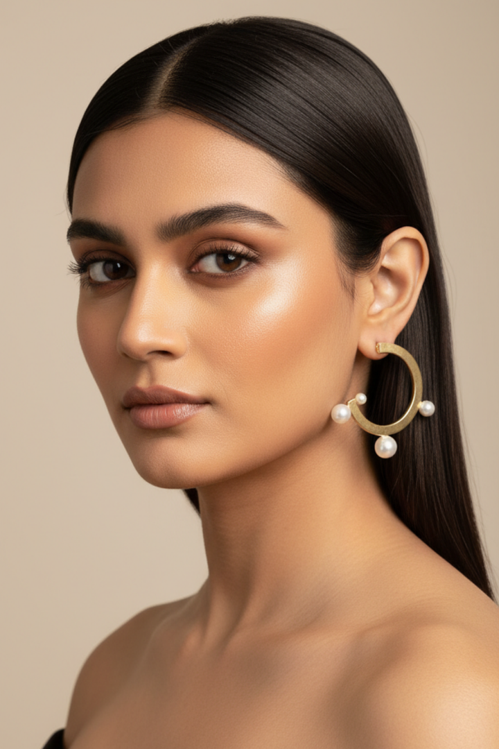 Pearl Gold Circle Half Hoops Earrings