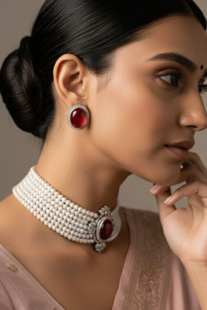 Bilvani Moroccon Lariat Gemstone Pearl Choker Necklace