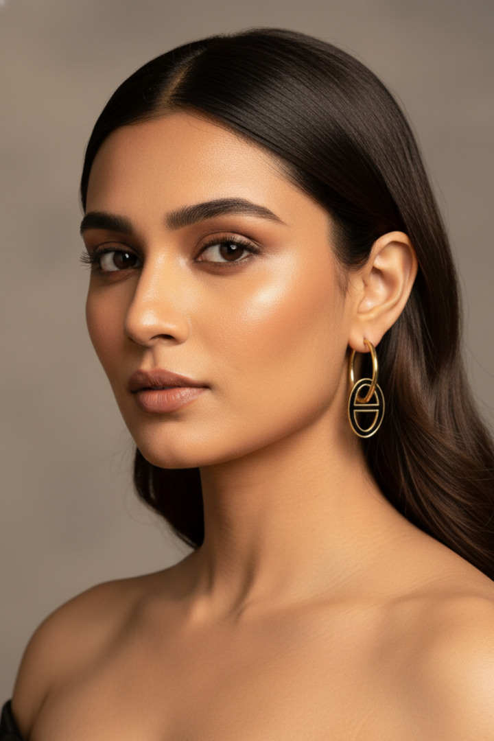 Black Gold Circle Drop Hoops Earrings