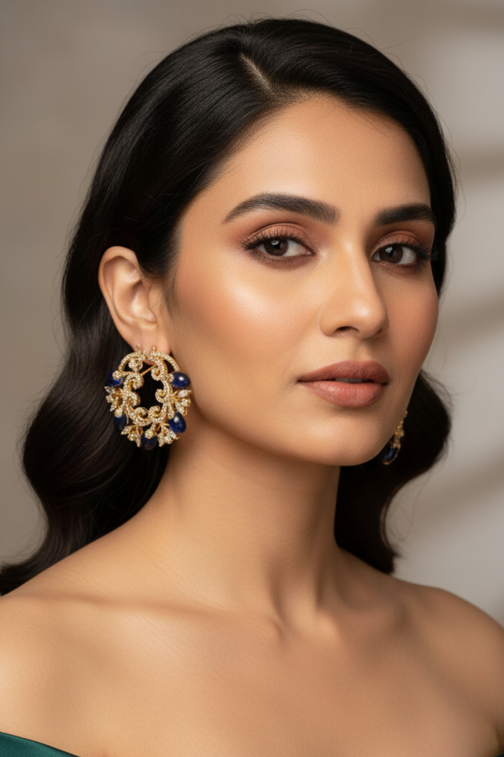 Ghazal Kundan Blue Half Hoop Studs Earrings