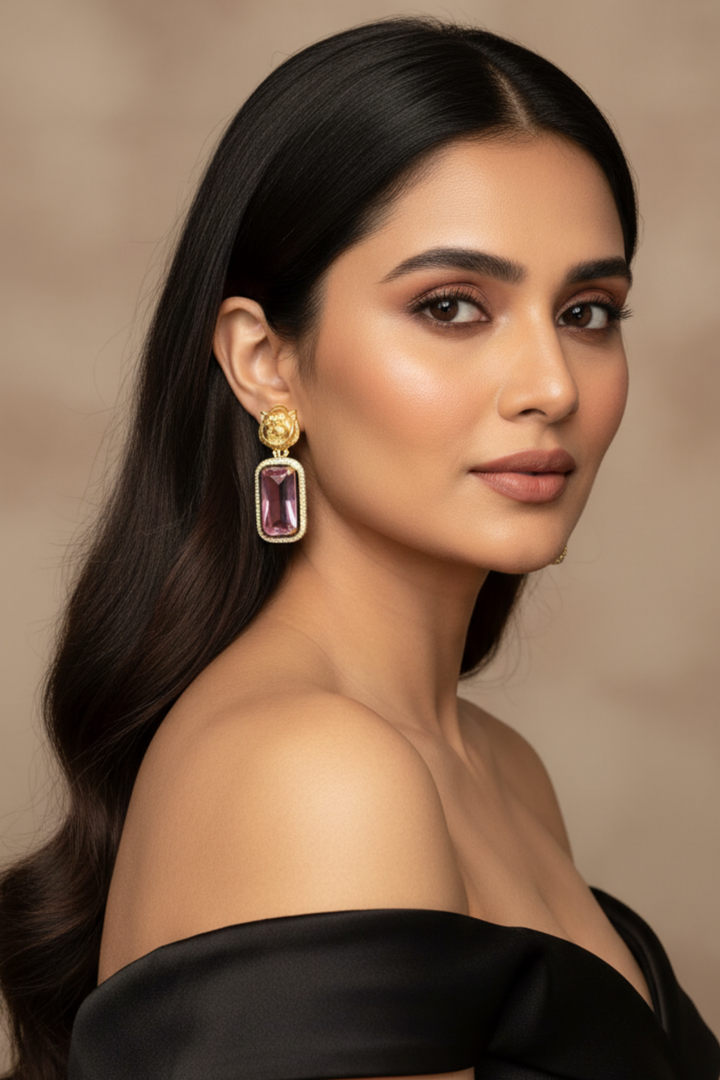 Rudra Gold Lion Crystal Drop Earrings