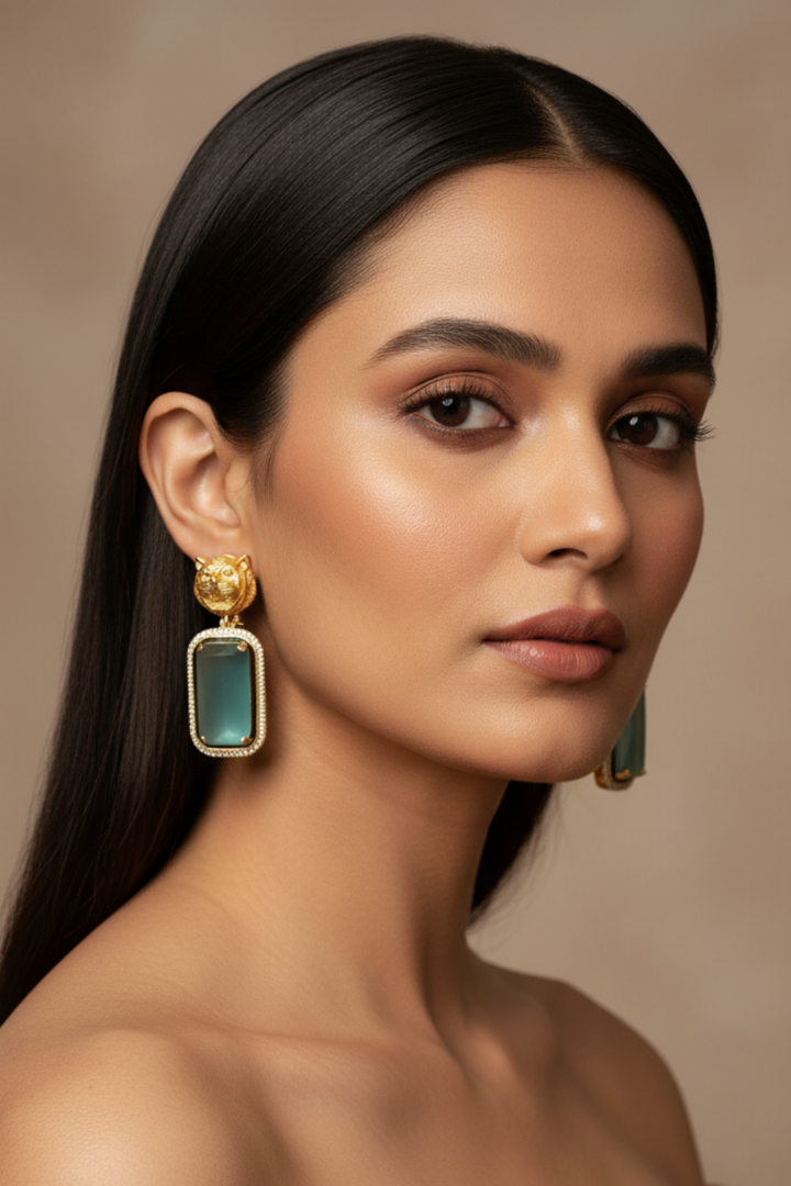 Rudra Gold Lion Crystal Drop Earrings