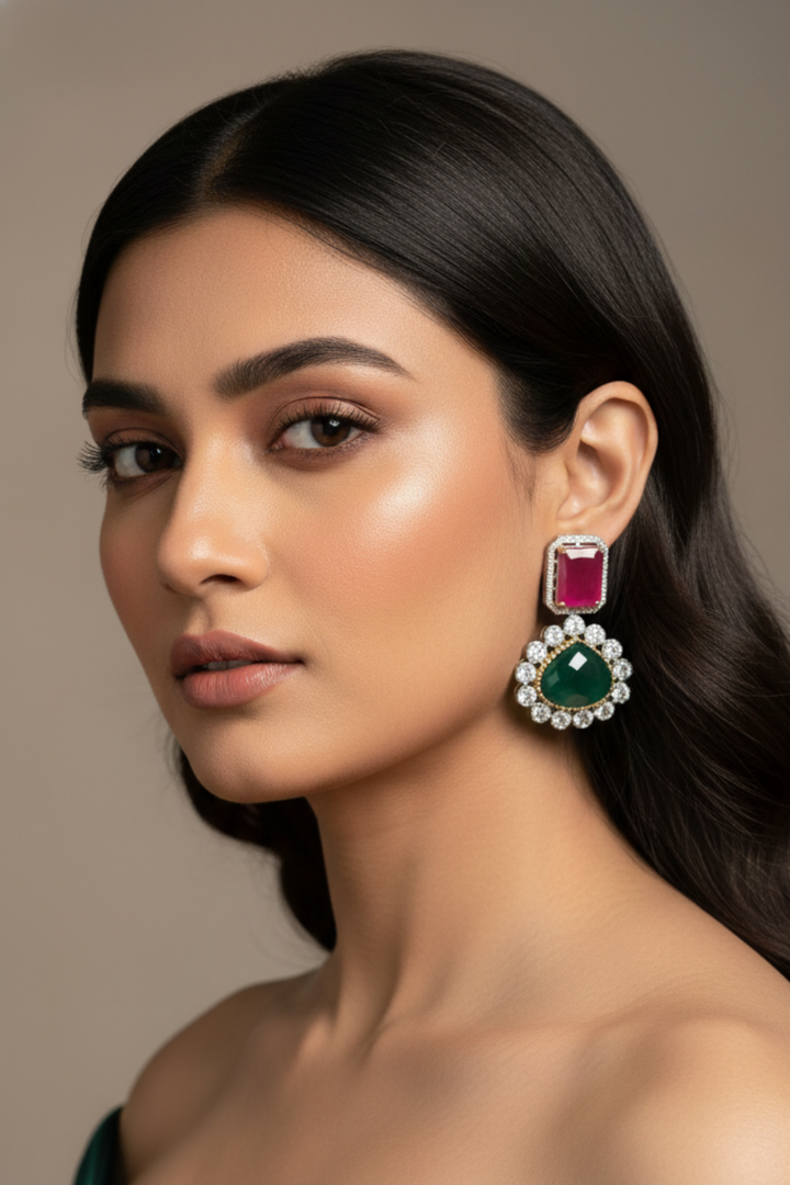 Maanik Party Ruby Emerald Dangler Earrings