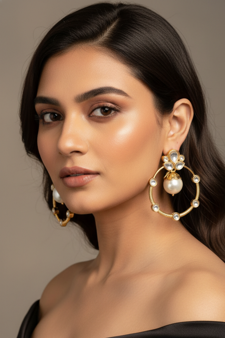 Roop Pearl Polki Hoop Stud Earrings