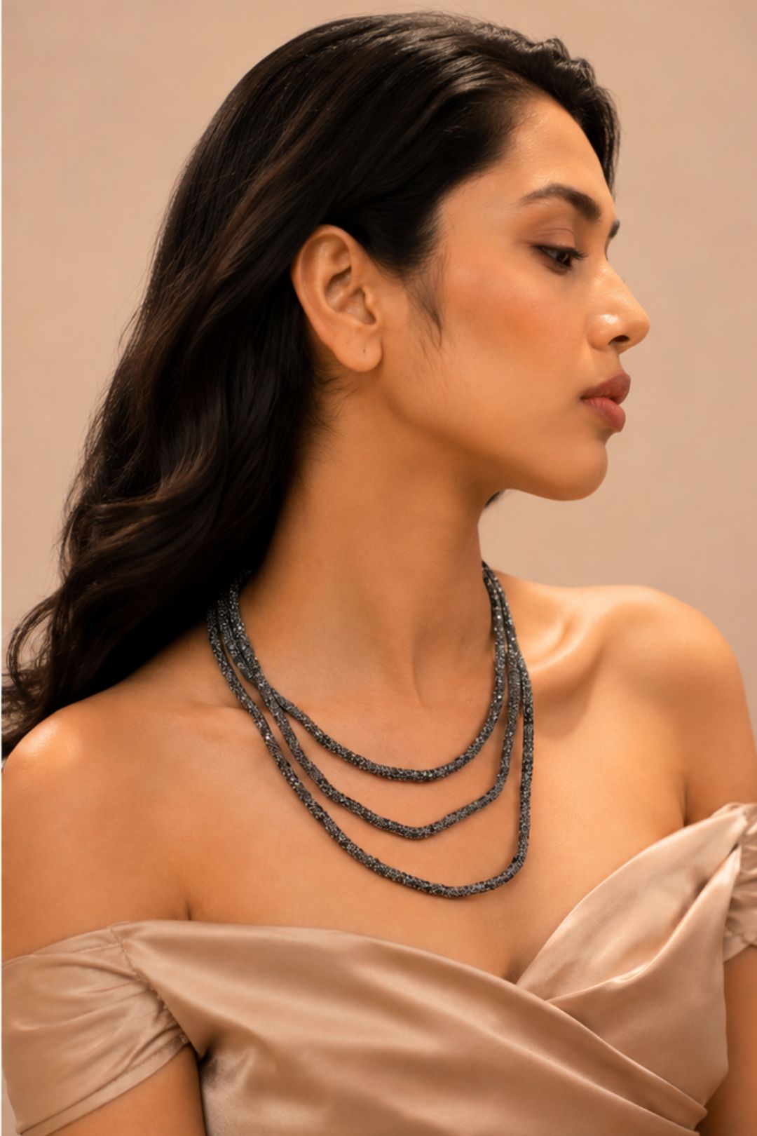 Symphony Grey Pearl Three Layered Neckalce