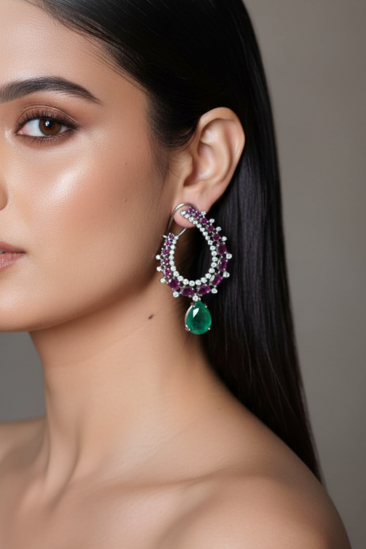 Zehna Leaf Shaped Emerald Drop Earrings