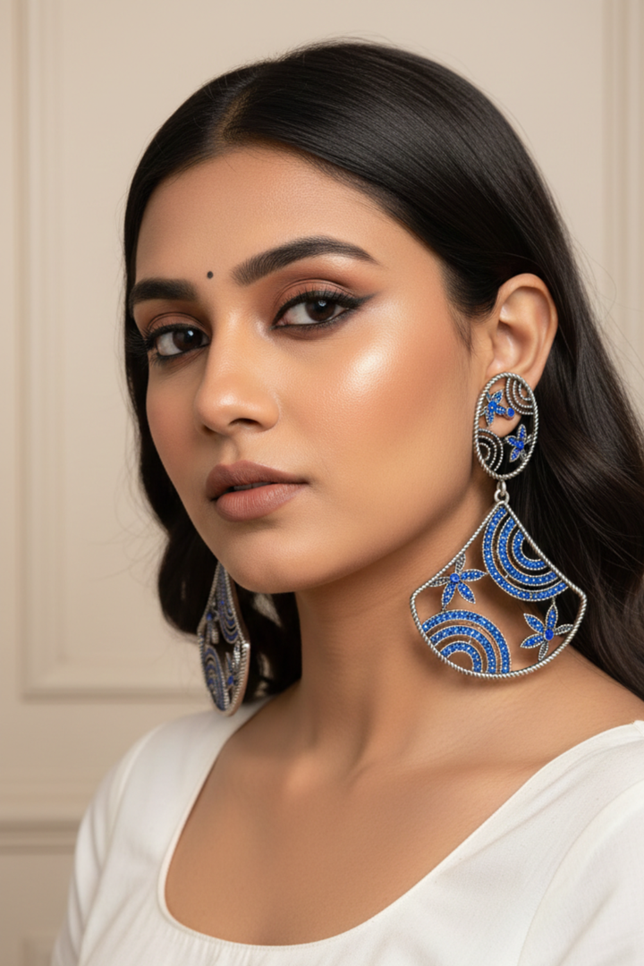 Bhavani Blue Silver Jhumka Earrings