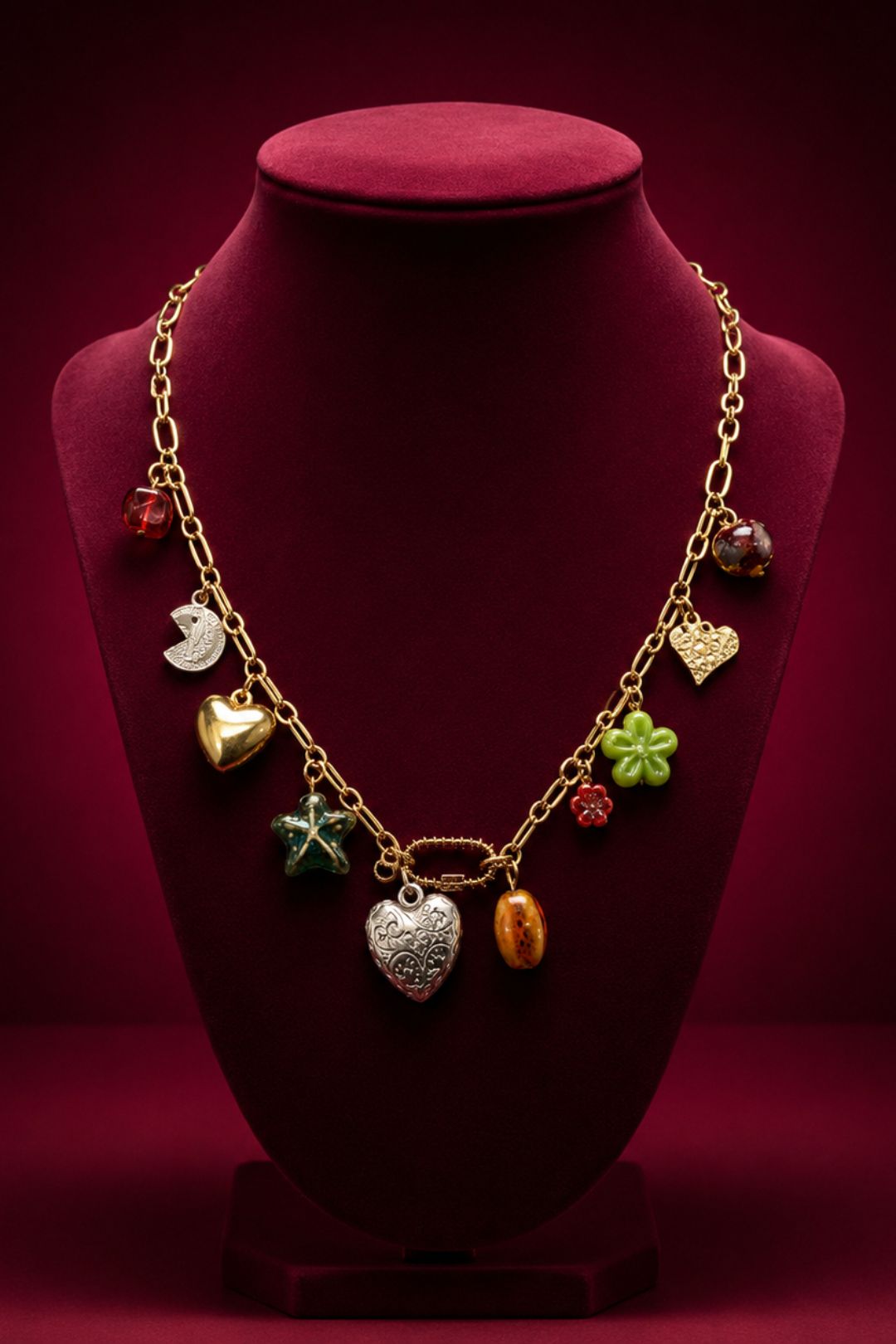 Wanderlust  Heart Charms Golden Link Chain Necklace