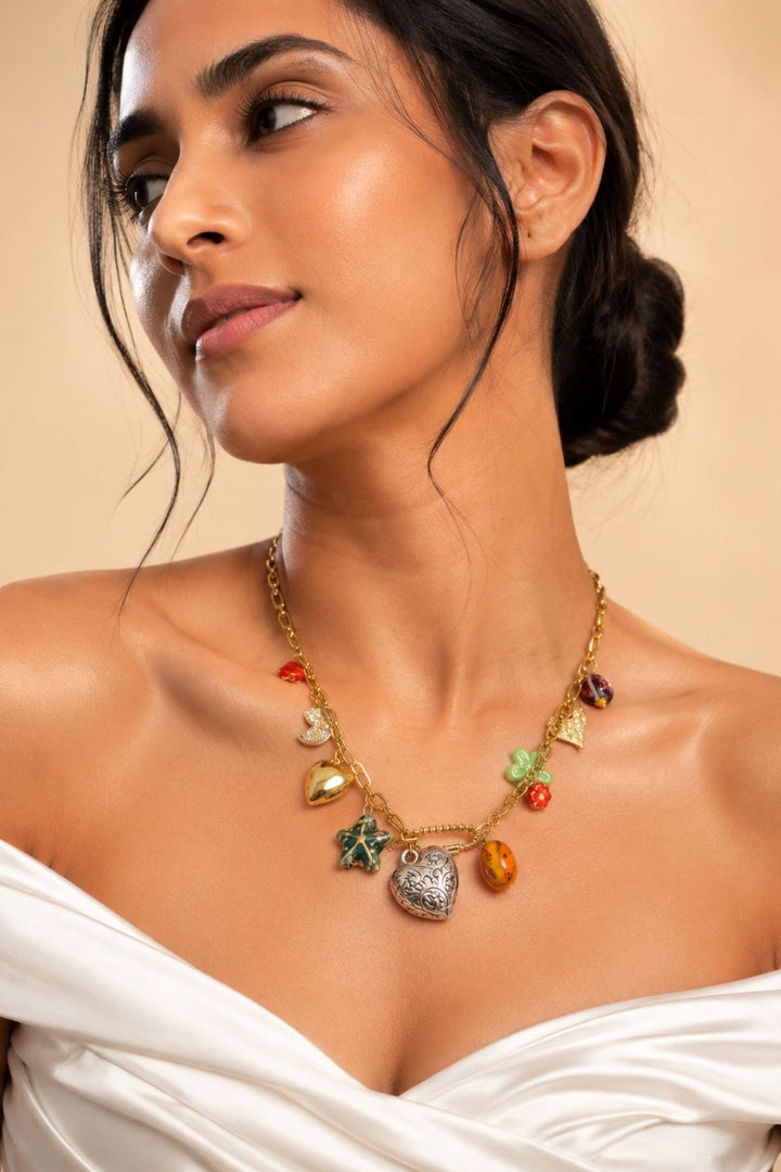 Wanderlust  Heart Charms Golden Link Chain Necklace