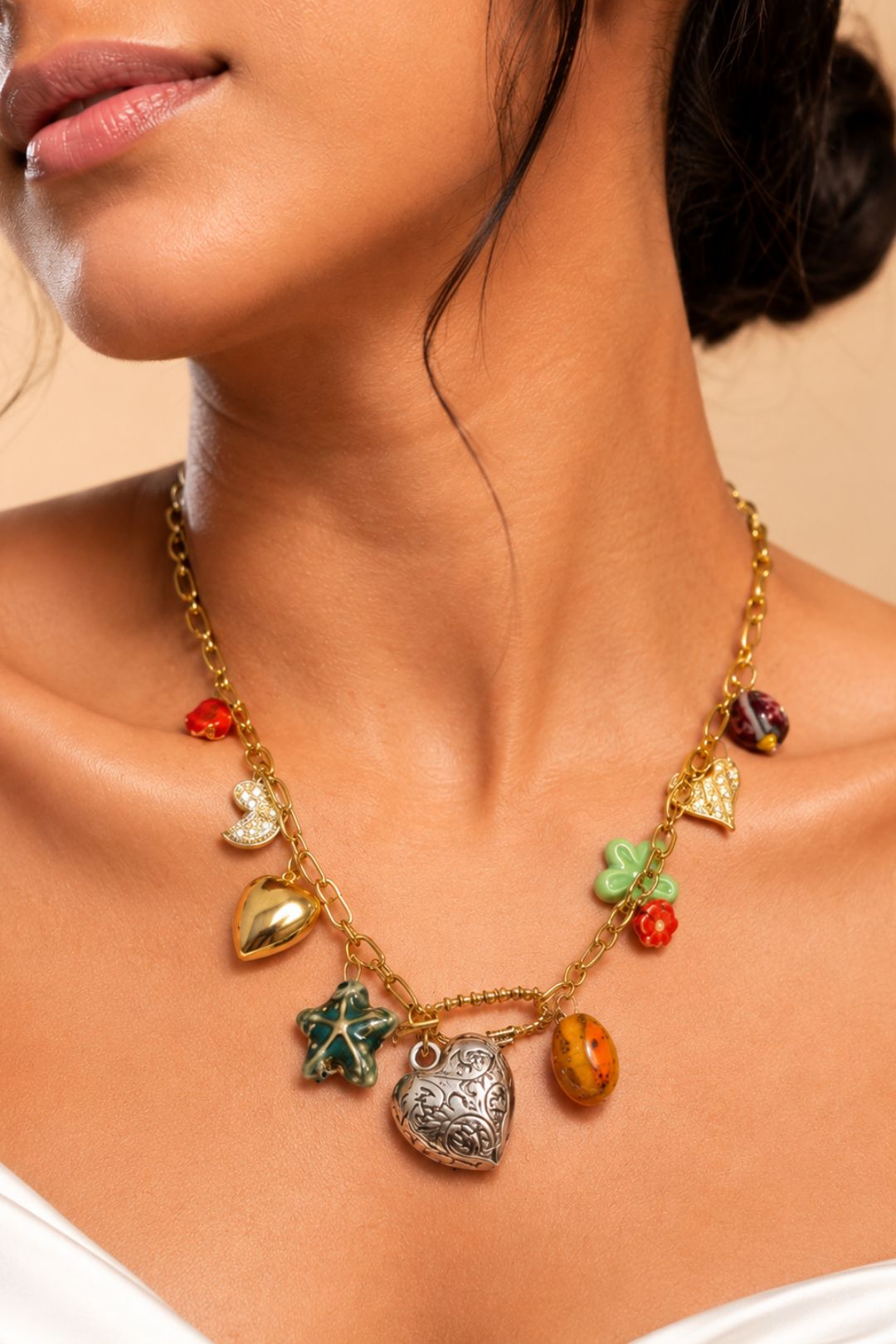 Wanderlust  Heart Charms Golden Link Chain Necklace