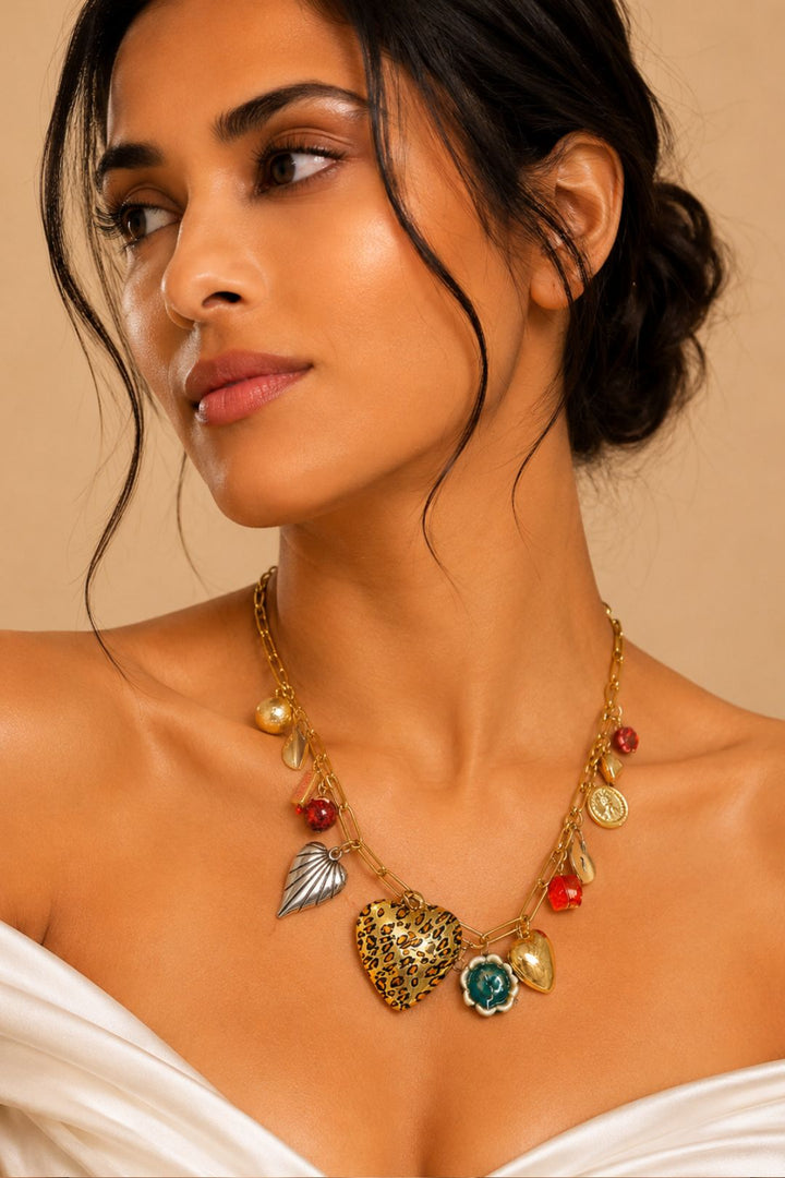 Vacation Heart Charms Golden Link Chain Necklace