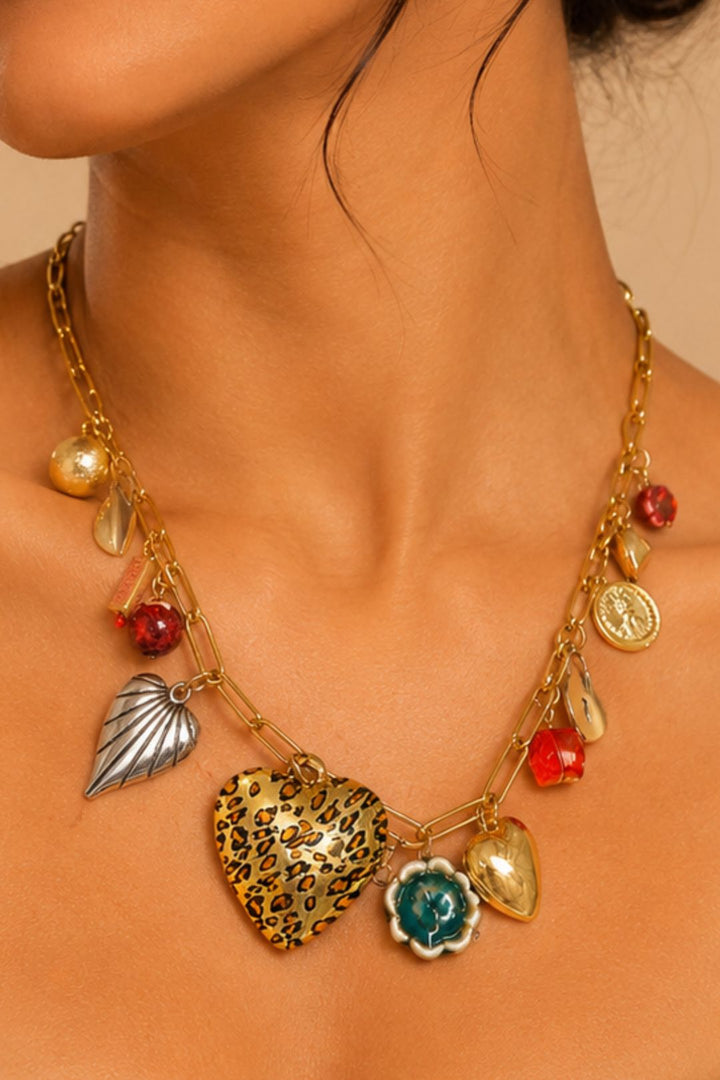 Vacation Heart Charms Golden Link Chain Necklace