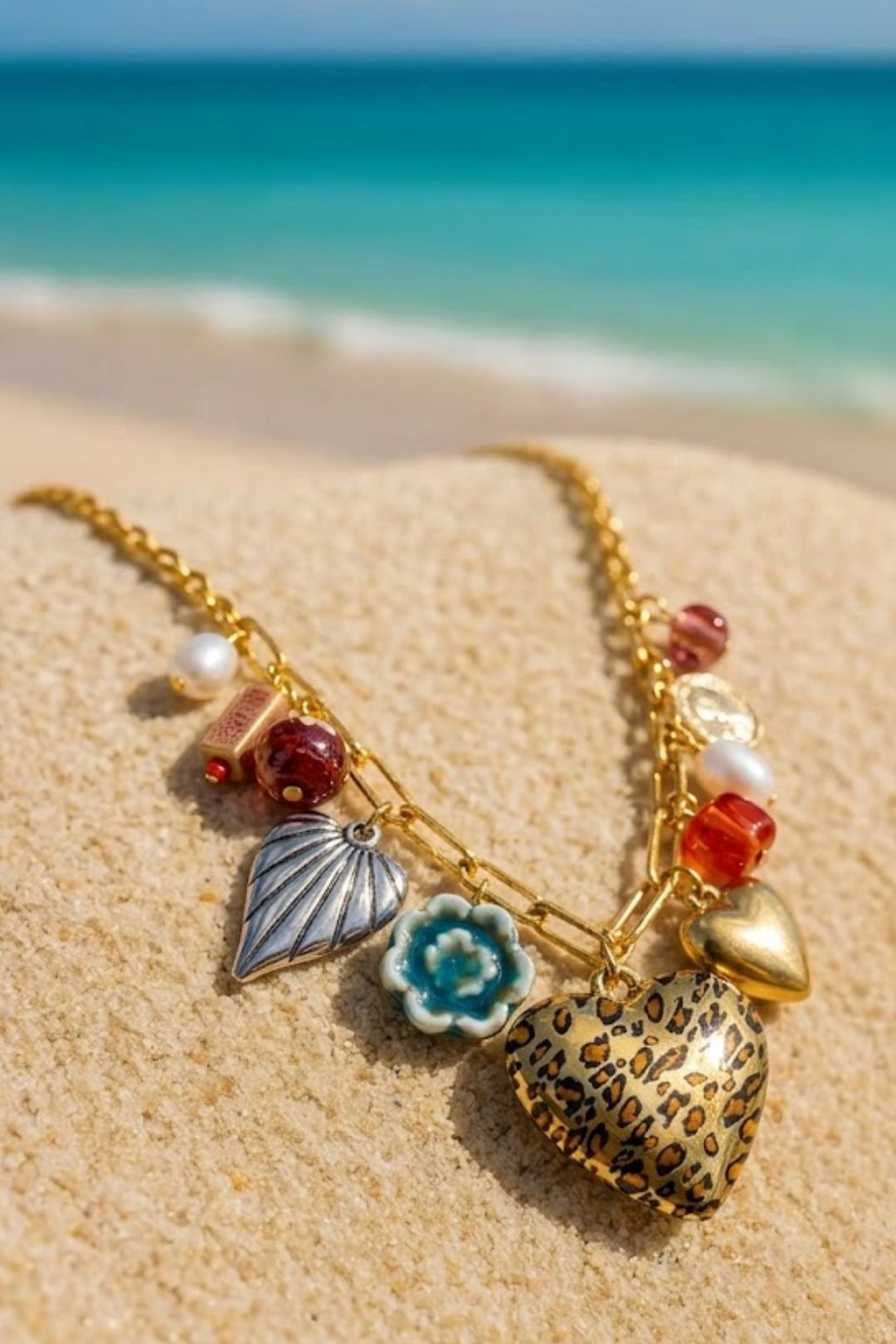 Vacation Heart Charms Golden Link Chain Necklace