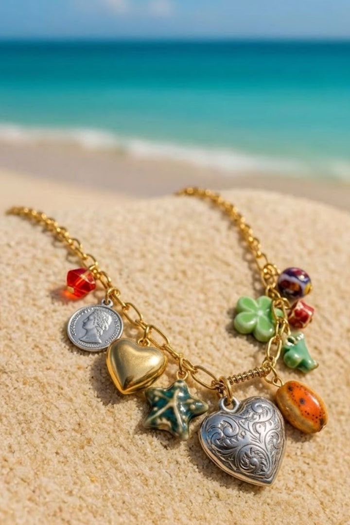 Wanderlust  Heart Charms Golden Link Chain Necklace