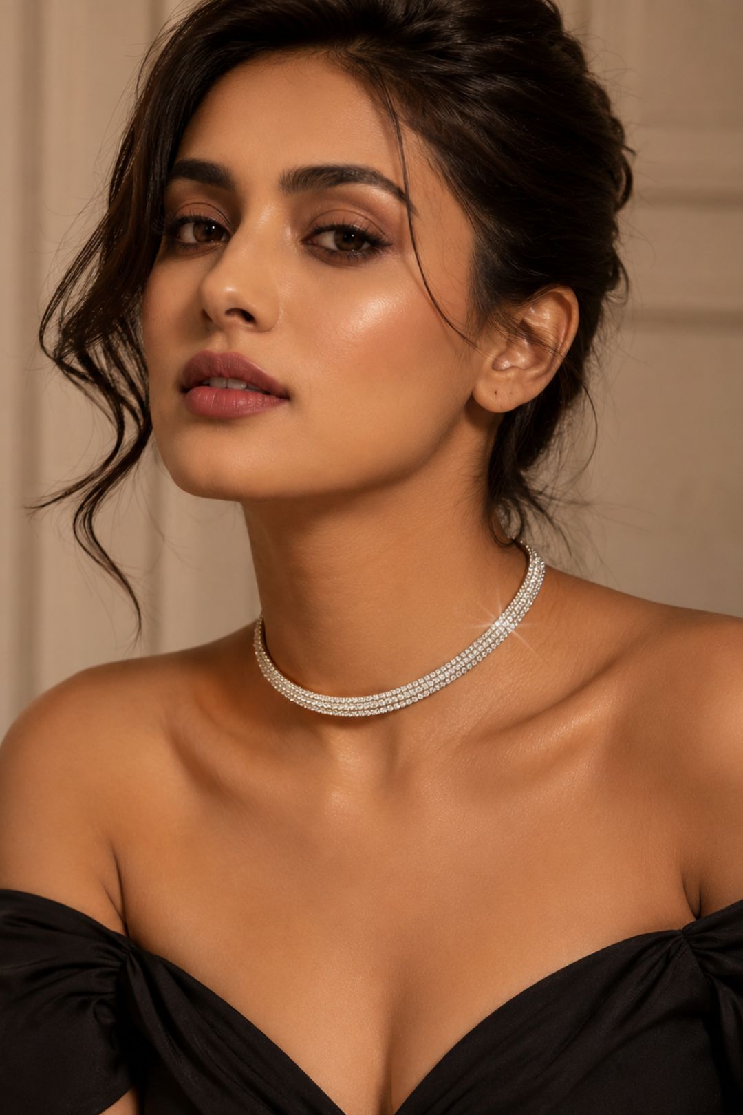Naseena Silver Diamond Cocktail Chokar Necklace
