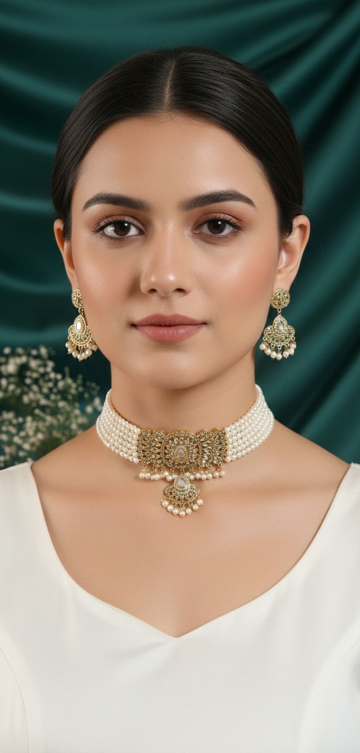 Sajida Jadau Golden Pearl Choker Necklace