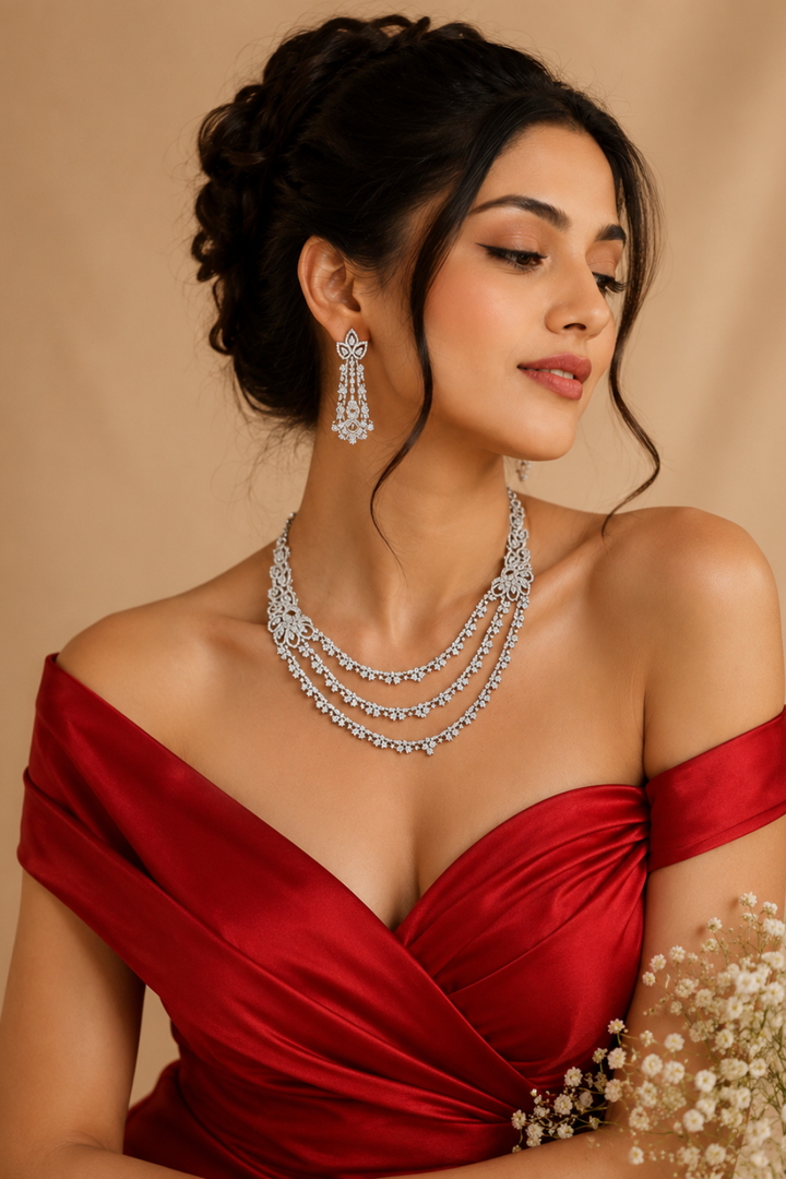 Floral Motif Diamond Cocktail Premium Layered Necklace