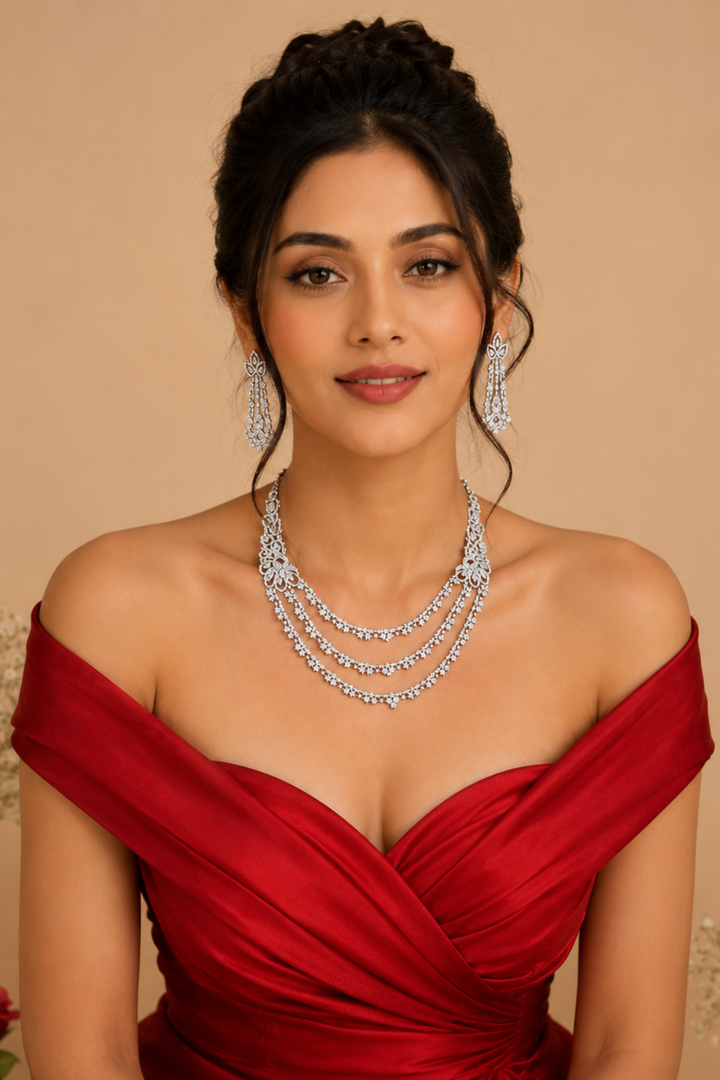 Floral Motif Diamond Cocktail Premium Layered Necklace