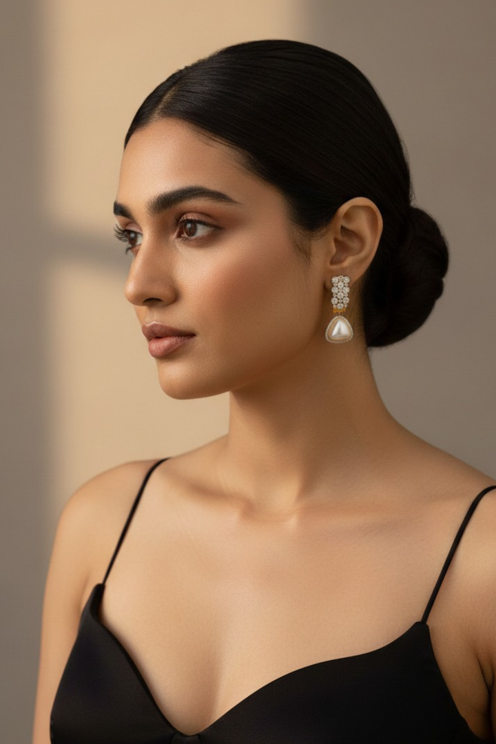 Slim Diamond Pearl Drop Earrings