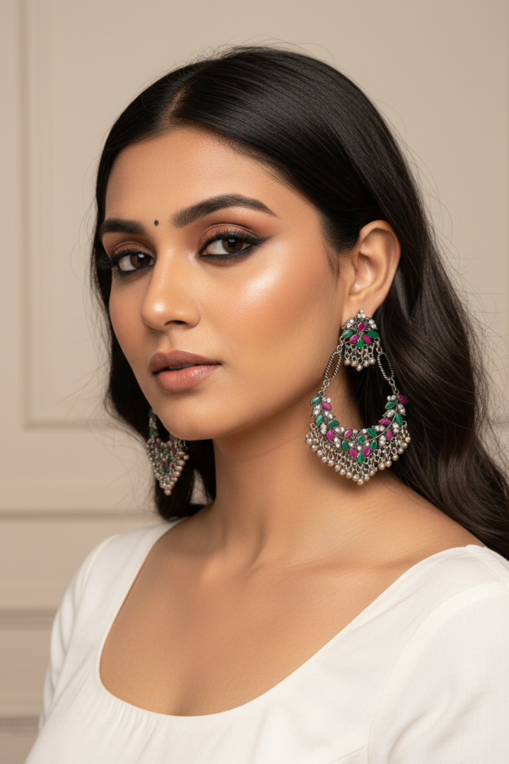 Vaishnavi Multi Gemstone Silver Jhumka Earrings