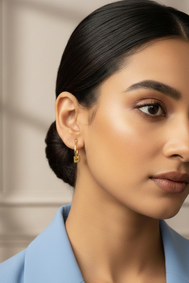 Gold Circle Square Drop Hoop Earrings