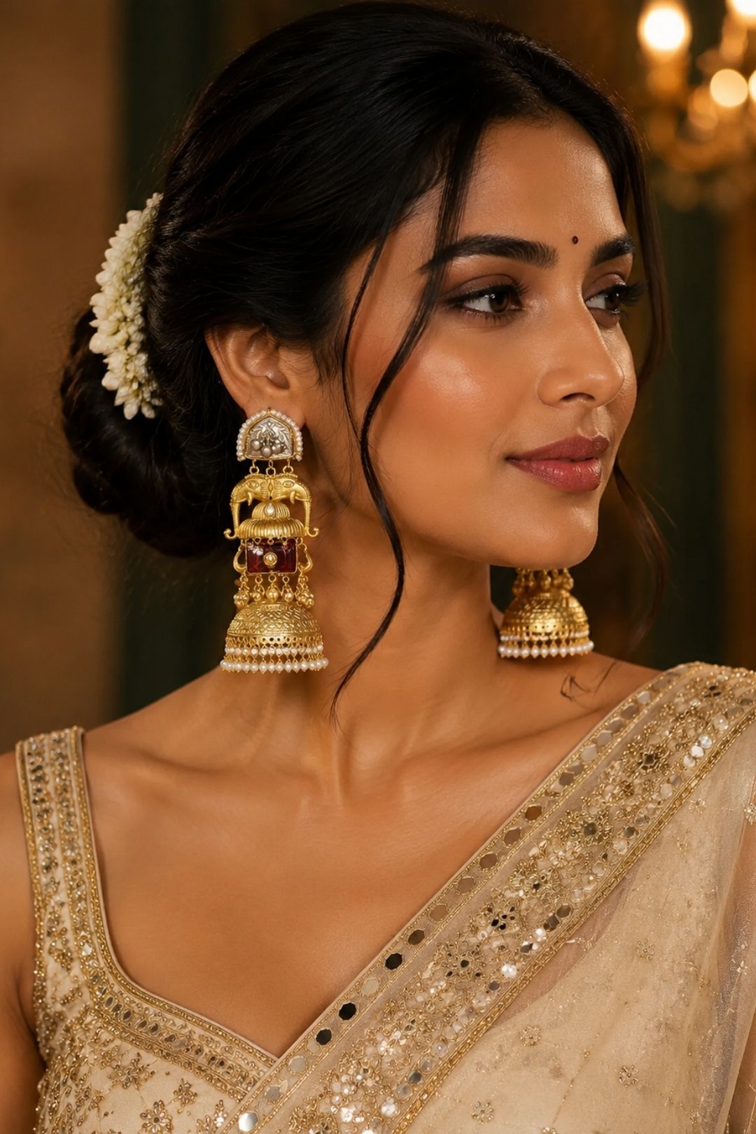 Eravat Elephant Motifs Golden Jhumka Earrings