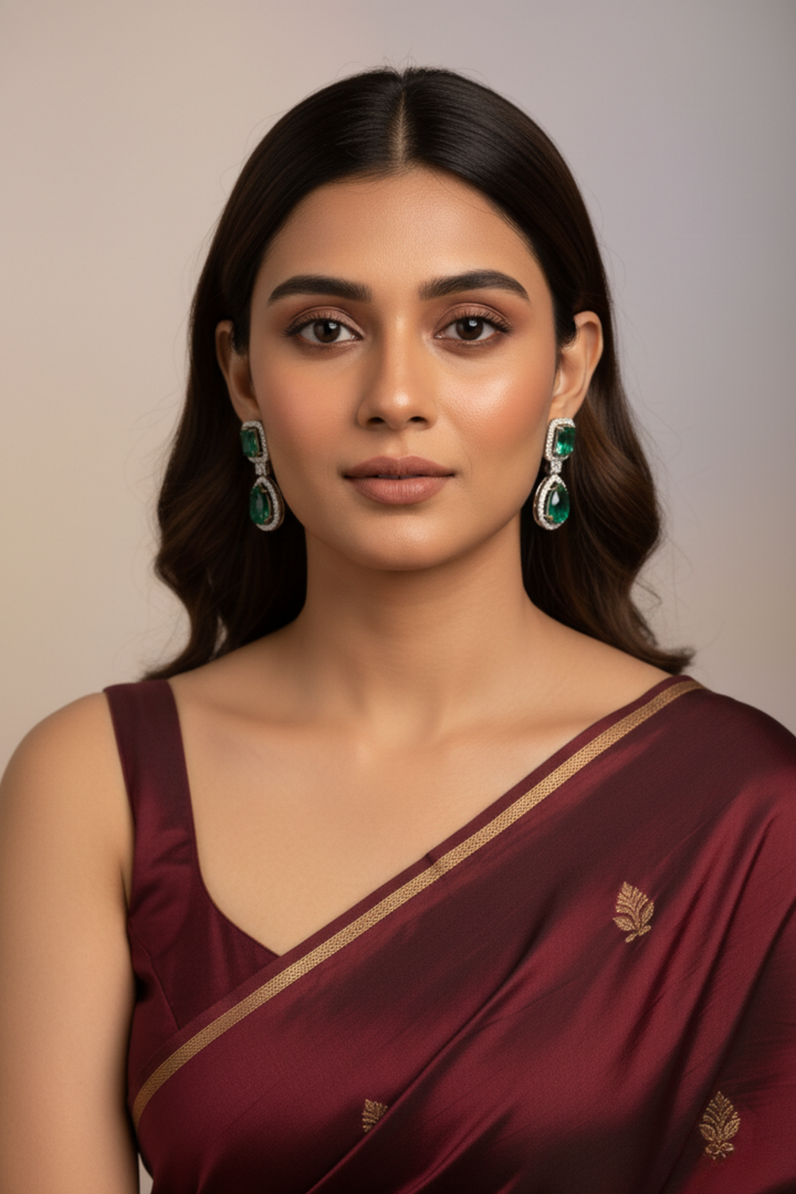 Emerald Dewdrop Square Gemstone Studs Earrings