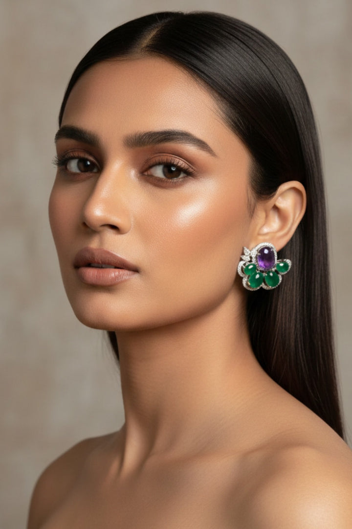 Vaari Emerald Flower Cluster Stud Earrings