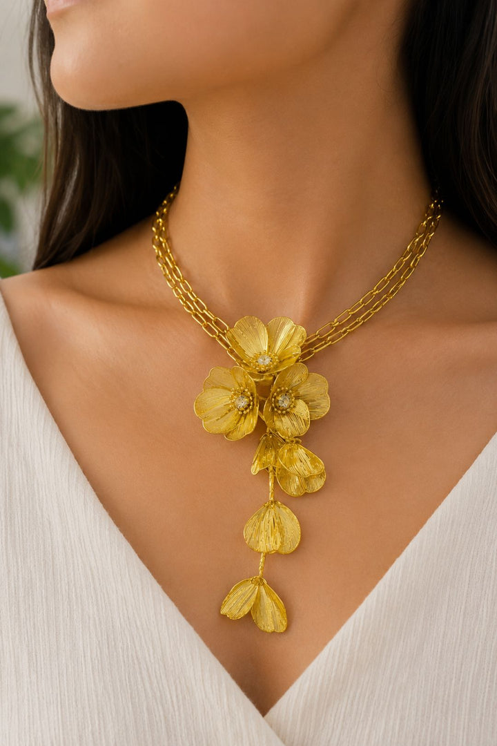 Pushpika Floral Cascade Golden Chain Necklace