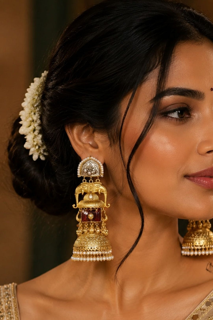 Eravat Elephant Motifs Golden Jhumka Earrings
