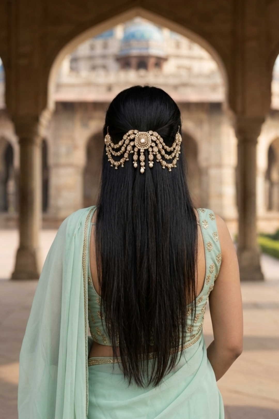 Madhuri Kundan Pearl Layered Haldi HairChain