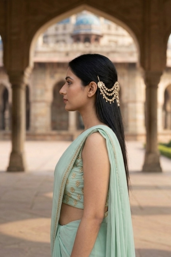 Madhuri Kundan Pearl Layered Haldi HairChain