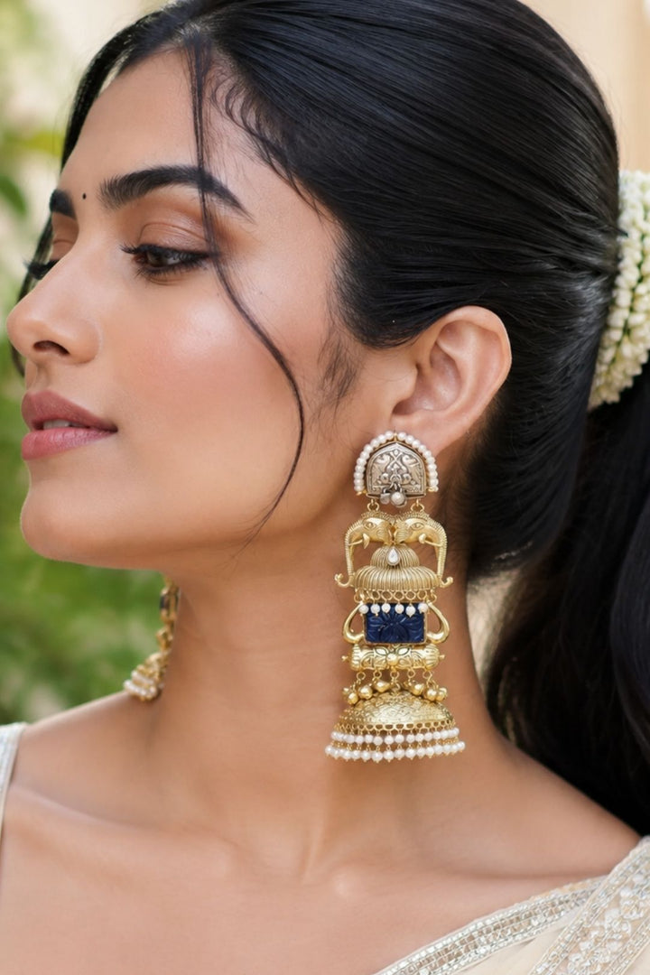 Eravat Elephant Motifs Golden Jhumka Earrings