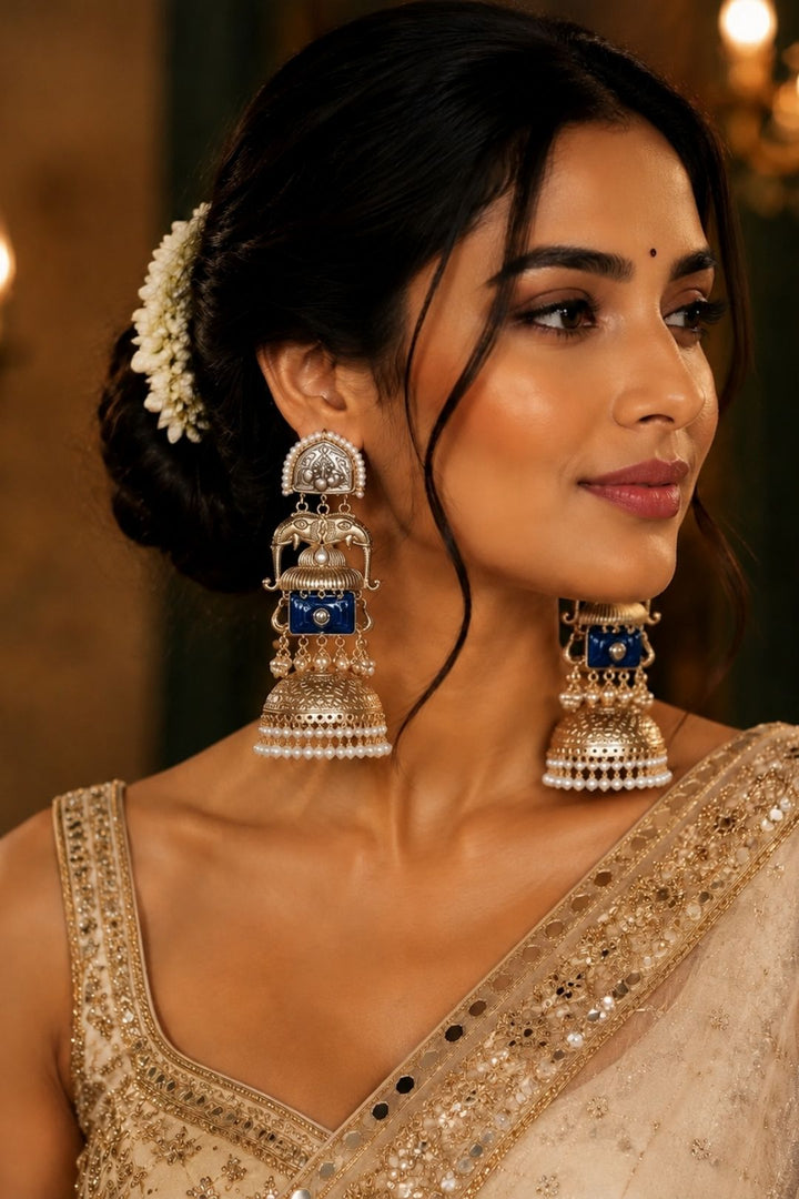 Eravat Elephant Motifs Golden Jhumka Earrings