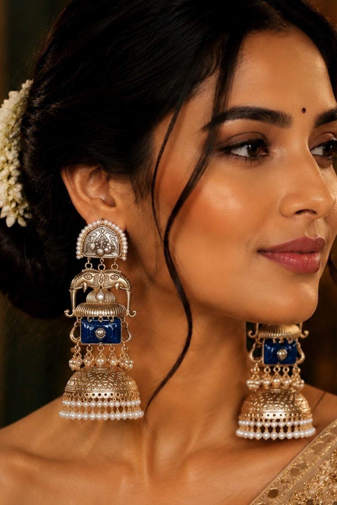 Eravat Elephant Motifs Golden Jhumka Earrings