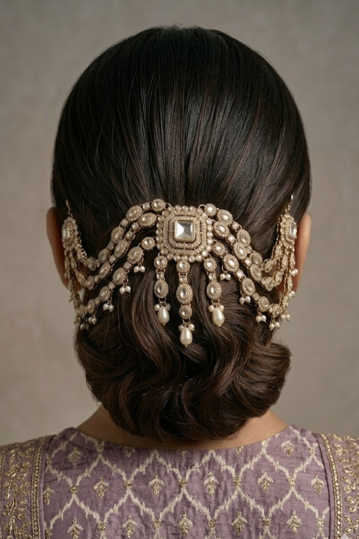 Madhuri Kundan Pearl Layered Haldi HairChain