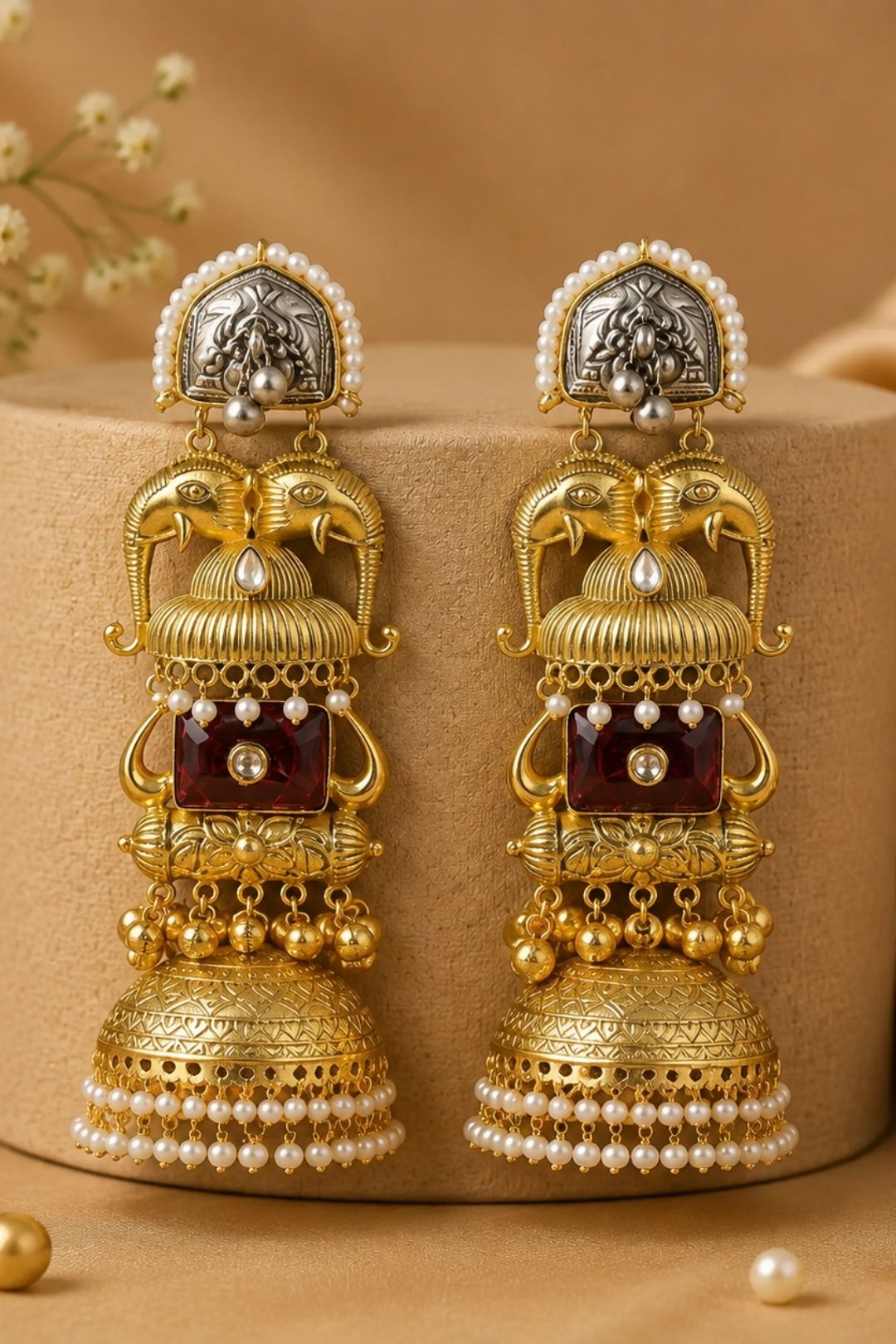 Eravat Elephant Motifs Golden Jhumka Earrings