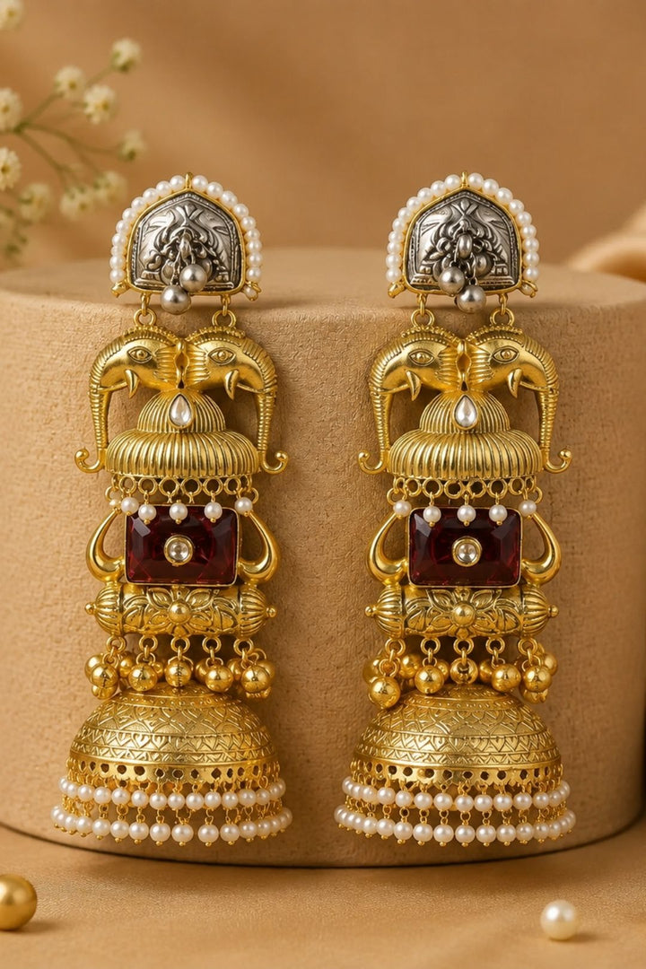 Eravat Elephant Motifs Golden Jhumka Earrings