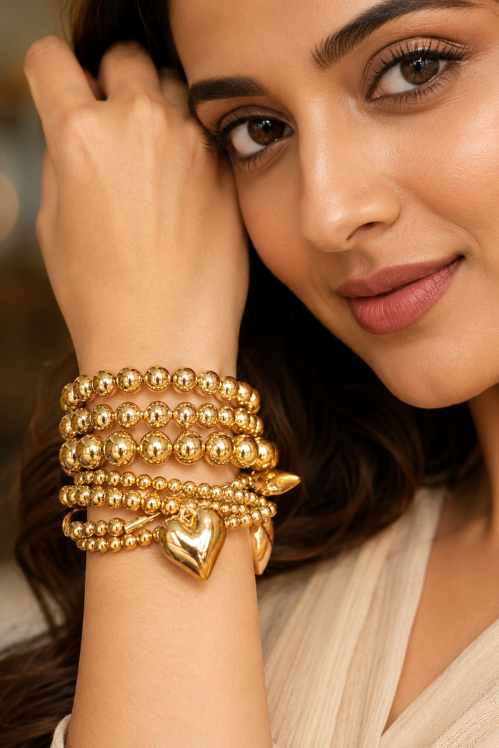 Golden Pearl Heart Charm Lightweight Stack Bracelet