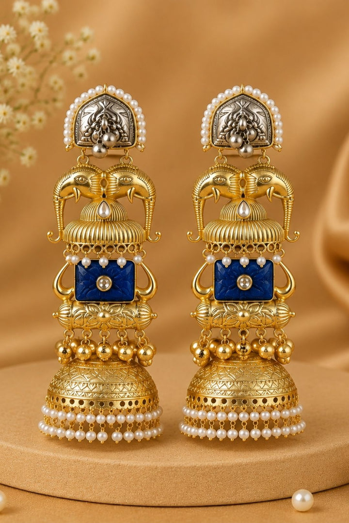 Eravat Elephant Motifs Golden Jhumka Earrings